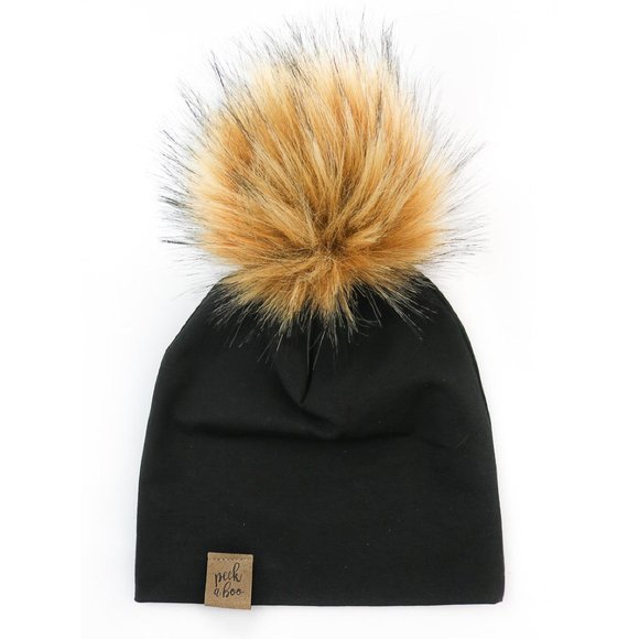Peek-a-boo Homemade Black Slouchy Beanie with Removable Pompom - Picture 1 of 7
